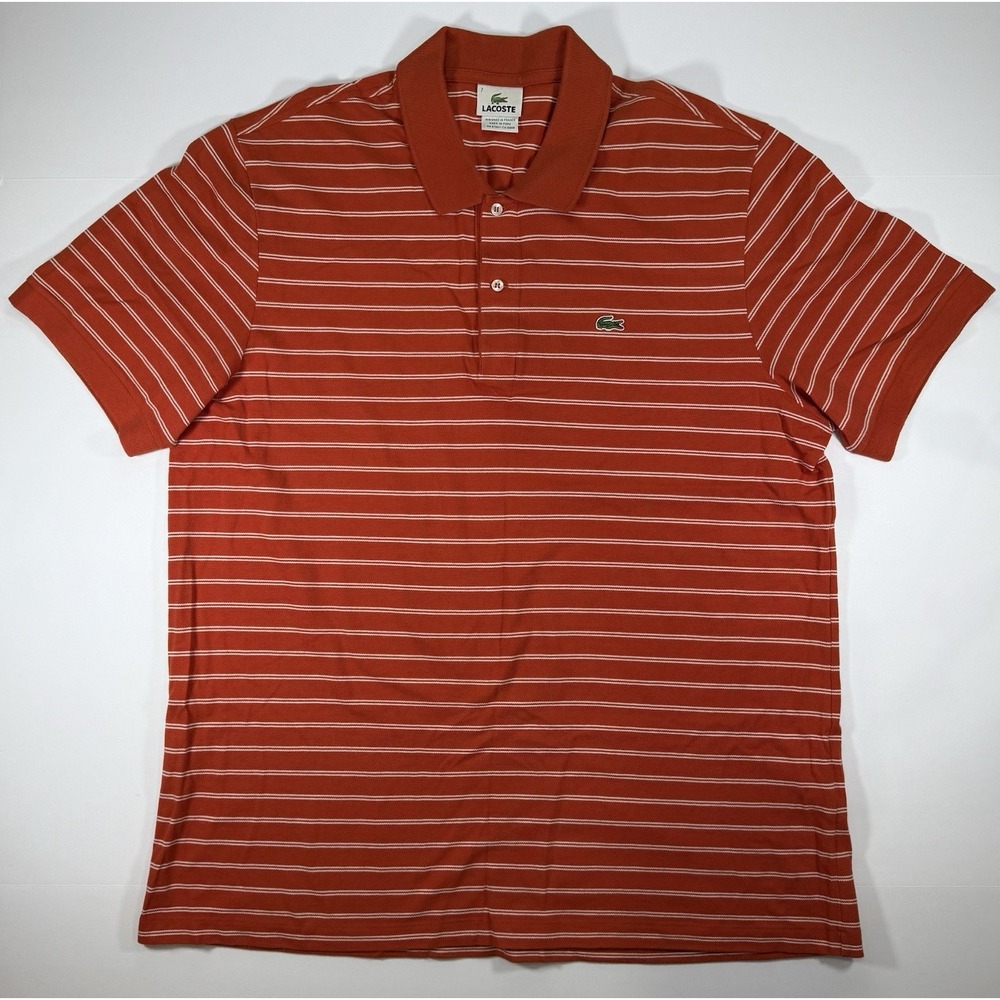 Lacoste Men's Size 7 Orange Short Sleeve Polo‎ Shirt Striped White Preppy